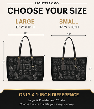 Size comparison chart for a Lightflex tote bag, showing Large (17" x 11") and Small (16" x 10") dimensions with two black printed tote bags on a beige background.