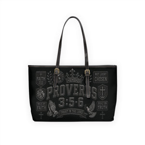 A black tote bag with dark brown leather handles and a detailed gothic-style graphic print featuring the text 'PROVERBS 3:5-6' and religious symbols in gray and white.