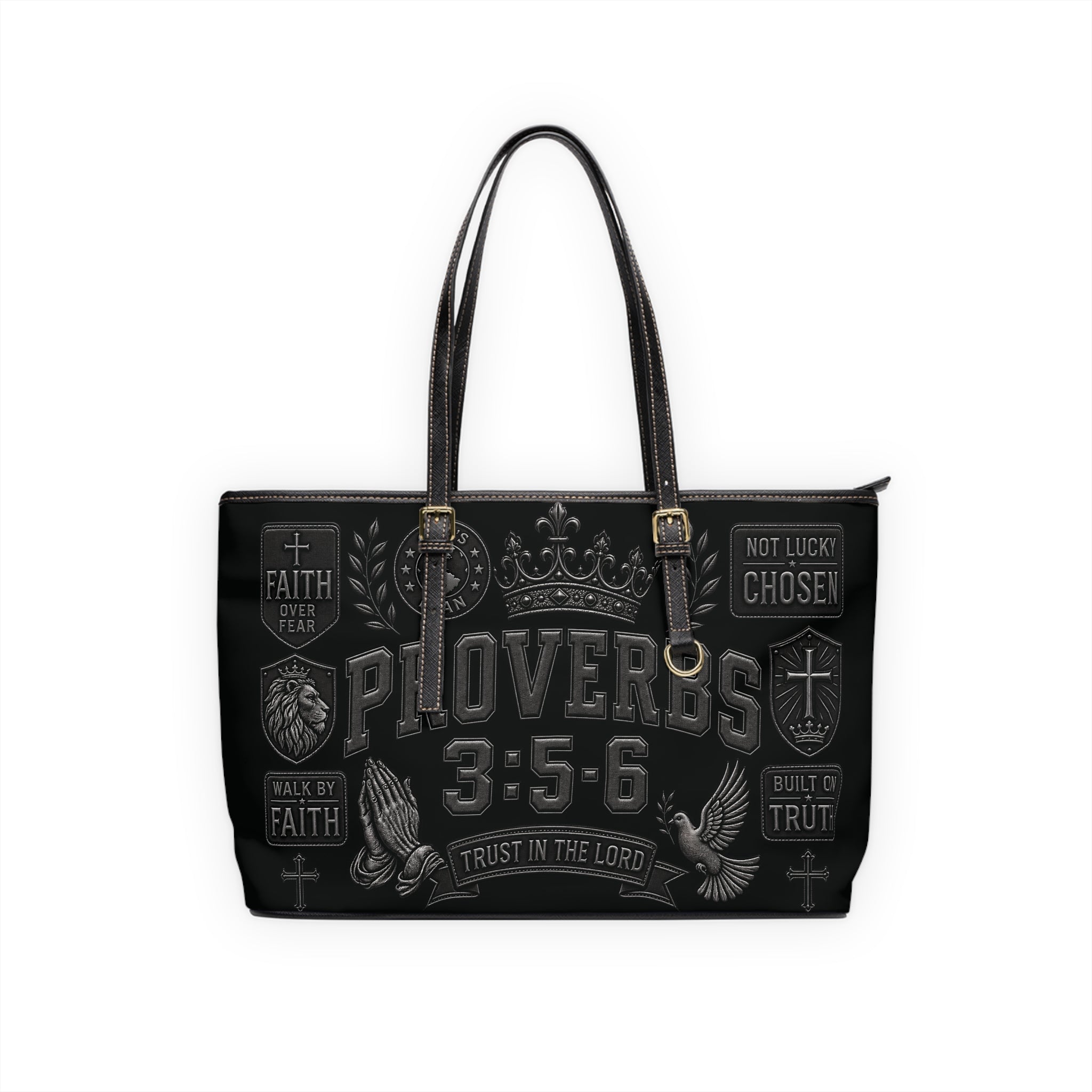 A black tote bag with a distressed gray graphic print featuring the text 'PROVERBS 3:5-6' and various religious-themed badges, shown against a plain white background.