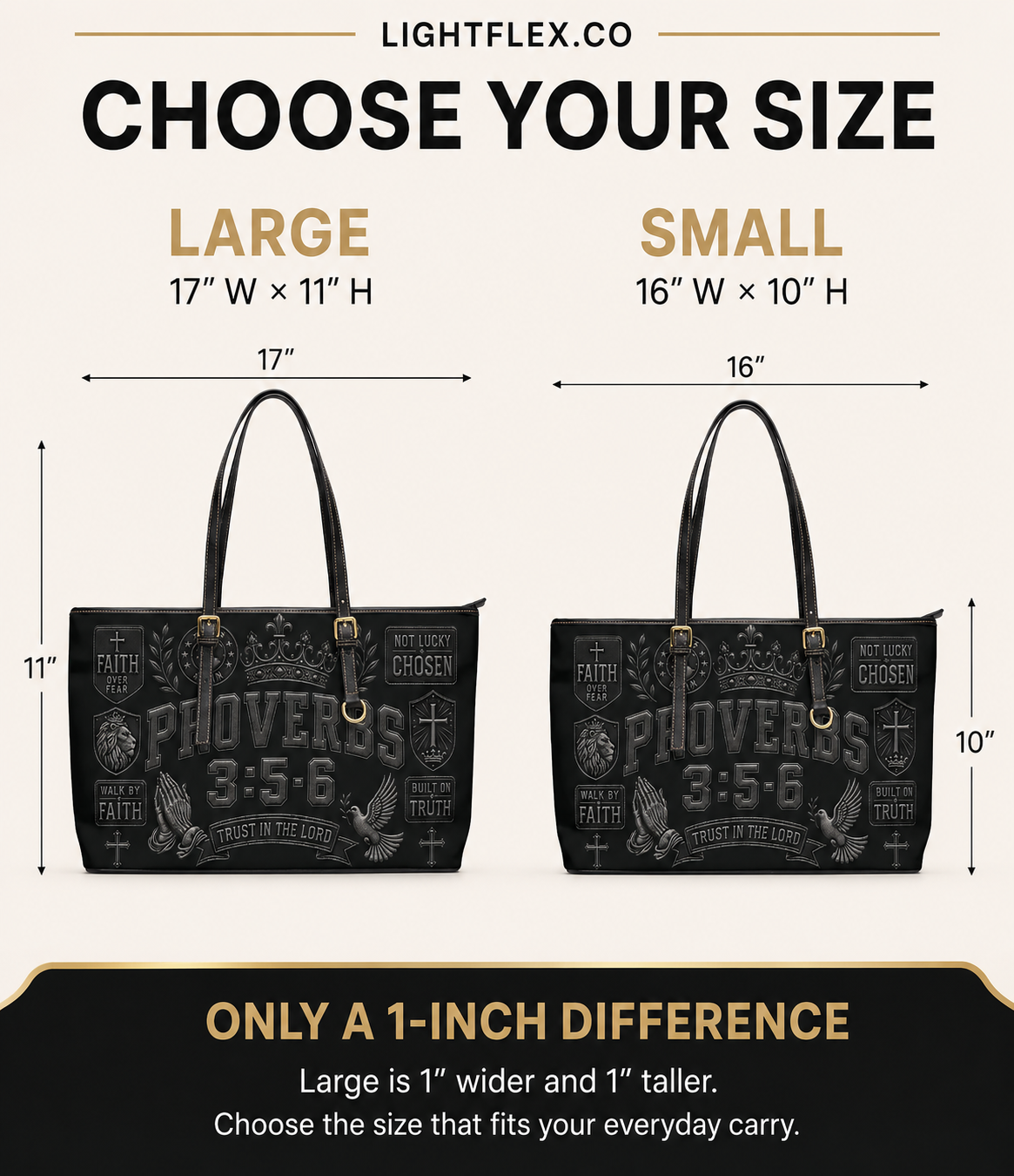 Size comparison chart for a Lightflex tote bag, showing Large (17" x 11") and Small (16" x 10") dimensions with two black printed tote bags on a beige background.