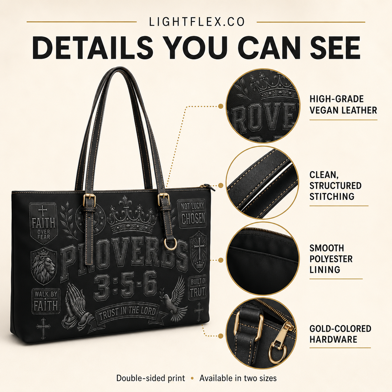 Black tote bag with embossed religious text and graphics, shown on a light beige background with callout circles highlighting leather texture, stitching, lining, and gold-tone hardware. Text at top reads 'DETAILS YOU CAN SEE' and 'LIGHTFLEX.