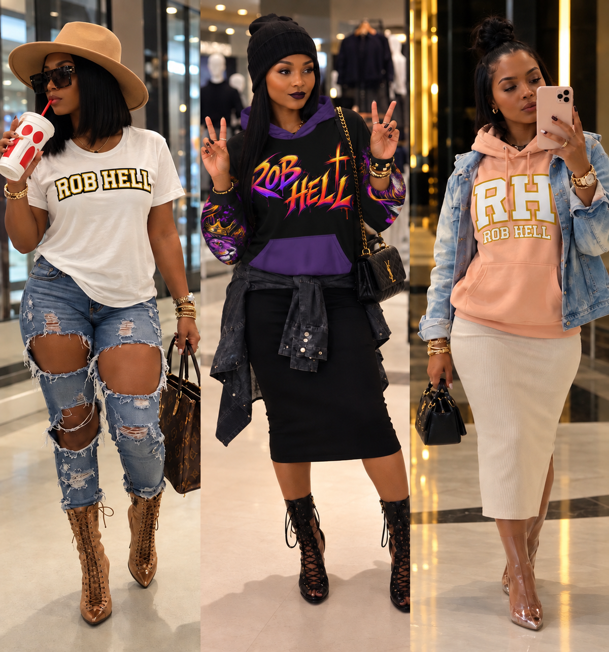 Three women modeling matching streetwear outfits featuring the 'Rob Hell' brand logo. The outfits include distressed denim, lace-up boots, and various colorways of the Rob Hell graphic sweatshirts in white, black/purple, and peach.